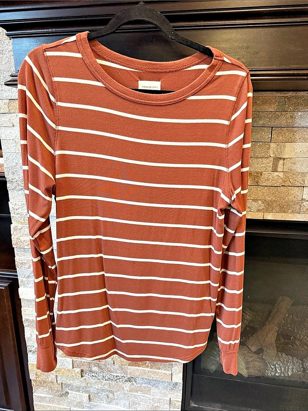 THREAD & SUPPLY Stacy Top Striped Long Sleeve Brown/Rust & White